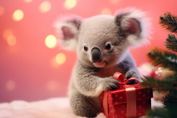 cute baby Koala bear with christmas gift boxes on pink background