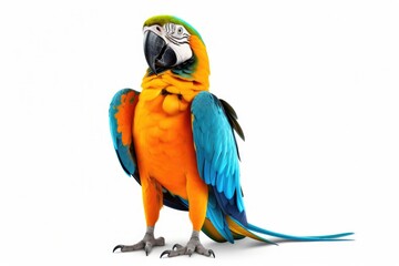 A vibrant parrot stands against a white background.