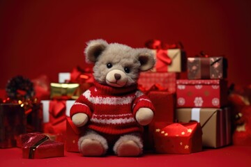 cute baby teddy bear with christmas gift boxes on red background