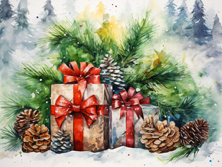 Fototapeta na wymiar Christmas background with gift boxes in watercolor and acrylic style 