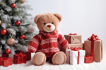 cute baby teddy bear with christmas gift boxes on white background