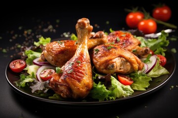 Glazed chicken legs served with vibrant greens and cherry tomatoes on a black slate plate.