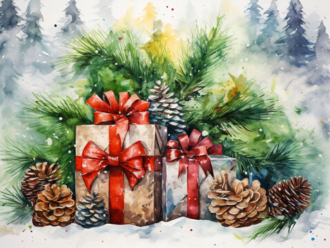 Christmas background with gift boxes in watercolor and acrylic style 