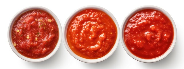 Three bowls of chunky tomato sauce isolated on a white background - top view.