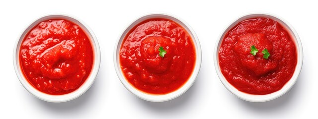Three bowls of chunky tomato sauce isolated on a white background - top view. © Sebastian Studio