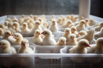 A group of baby chicks of various colors and sizes in a farm.