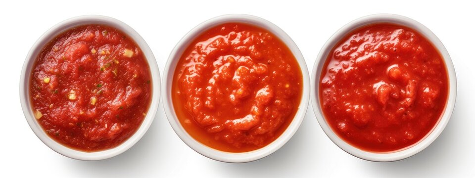Three bowls of chunky tomato sauce isolated on a white background - top view. - Powered by Adobe