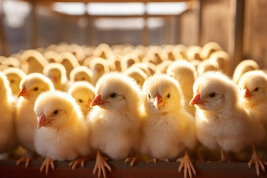 A group of baby chicks of various colors and sizes in a farm.