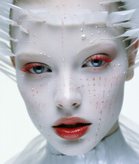 Woman with bright futuristic and creative make-up, white and red tones