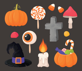 Collection of elements: yeball lollipop, candle with stone cross, pumpkin and witch hat and bones, pumpkin basket bag with candies, candy cane, caramel candy, candle. Halloween illustration set
