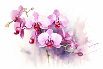 Fototapeta na wymiar Watercolor Orchid beautiful bouquet on white background. Illustration blooming orchid flowers. Beautiful floral interior wall painting design illustration