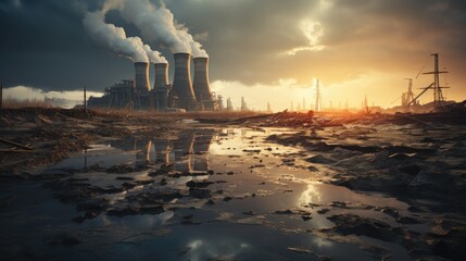 Nuclear power plant and cooling towers. Generative AI