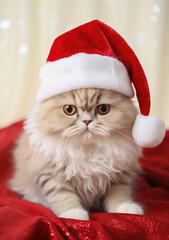 Obraz na płótnie Canvas New Year cat animal concept, a pet during the Christmas winter holidays. The holidays are coming, a grumpy kitty dressed as Santa brings gifts to good children.