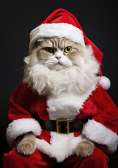 New Year cat animal concept, a pet during the Christmas winter holidays. The holidays are coming, a grumpy kitty dressed as Santa brings gifts to good children.