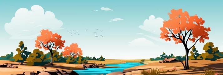 Foto op Canvas A cartoon landscape with trees and a river, AI © starush