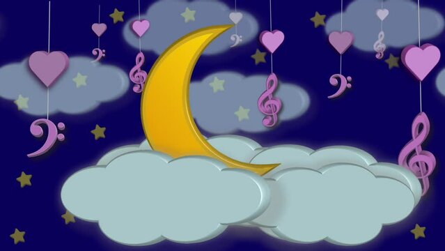Soothing Animation: Stars, Clouds, Moon, and Musical Symbols. A harmonious blend of night skies, celestial symbols, and heartfelt emotion.