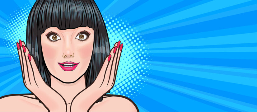 surprise short hair woman OMG looking wow covered mouth or hands up In Retro Vintage Pop Art Comic Style