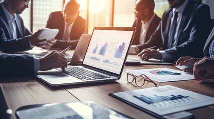 Busy analyst team in office analyzing financial data analysis for marketing strategy in workspace using BI dashboard with graph and chart on laptop screen. Generative AI