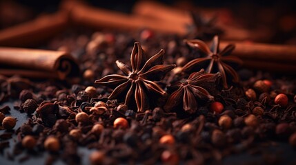 Brown spices, star anise, cinnamon, sweet pea. Aromatic seasonings for tea, coffee, hot chocolate, cocoa, mulled wine. Dark background. Organic spices. Tea house, cafe, restaurant spice shop