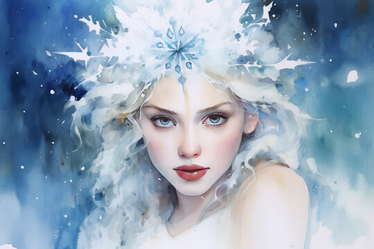 Beautiful mysterious Snow Queen. Winter Watercolor illustration for greetings card. Christmas celebration concept