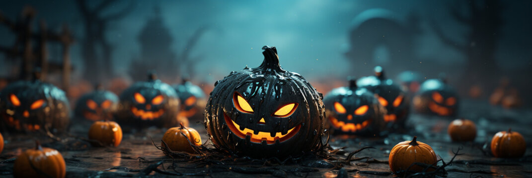 Viele lachender K&uuml;rbisse mit Gesicht zu Halloween im Querformat f&uuml;r Banner, ai generativ