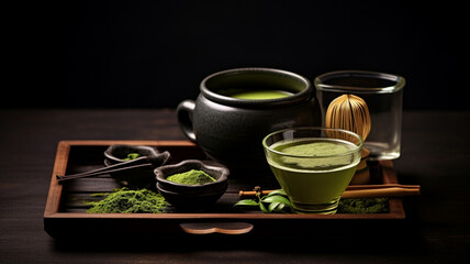 green tea set with teapot and cup of tea on wooden background