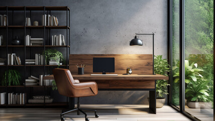 workplace with laptop and book in modern loft style.