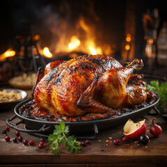 Roast steamy turkey chicken for thanksgiving Day celebration dinner decorated with oranges, grape, fruits on served wooden table on background of fireplace