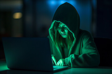 Digital Intrigue: Young Female Hacker Engaged in Complex Coding Amid the Dimly Lit Room, ai generative
