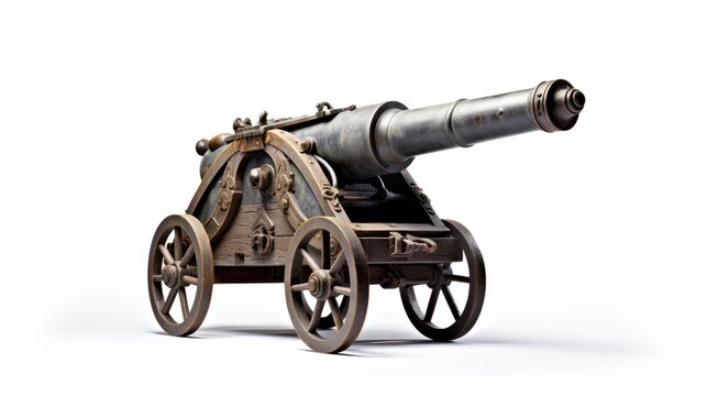 Old artillery cannon on large wooden wheels on a white background. An ancient antique medieval weapon that shoots cannonballs. Mortar bombard. Vintage weapons for war. Model of an antique cannon