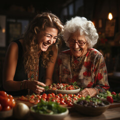 Happy smiling, laughing old retired women and granddaughter at set table have lunch together,...