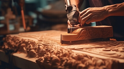 making of wood with wood carving, carving of a wooden board - obrazy, fototapety, plakaty
