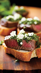 Slices of roast beef with pesto sauce on toasted bread. AI Generative