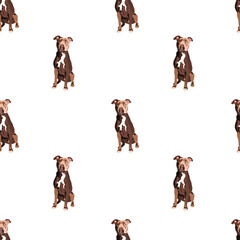 Pit Bull Terrier sitting dog seamless pattern. Hand-drawn dog on a repeatable white background. Cute Smiling abstract texture with Pittie Drawing. Cartoon style. Popular character. Holiday present.