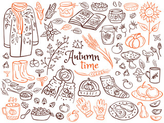 Autumn time card -  leaves, mushrooms, autumn clothes, hot drink, jam, apples. Vector illustration. Perfect for autumn menu, coloring book, greeting card, print.