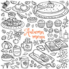 Autumn menu card - pumpkin pie, apple, cupcake, cookie, cake, hot drink, jam, apples, pie. Vector illustration. Perfect for autumn menu, coloring book, greeting card, print.