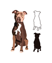 Pit Bull Terrier dog portrait. Sticker on a white background. Cute detailed terrier Drawing. Cartoon style. Popular character. Black stroke, dog outlines. Black And White Pittie silhouette. Flat.