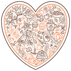 Autumn card - pumpkin, leaves, nuts, spices, cake, hot drink, jam, mushrooms, apples, pear, berries. Vector illustration. Perfect for autumn menu, coloring book, greeting card, print.