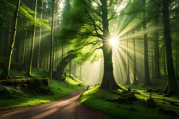 A lush, emerald forest with sunlight filtering through the canopy,