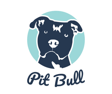 Pit Bull Terrier dog logo design. Pittie dog icon, 2 colors. Sticker on a white background. Cute Blue And White Pit Bull Drawing. Cartoonish style. Creative, funny greeting card. Simple shapes.