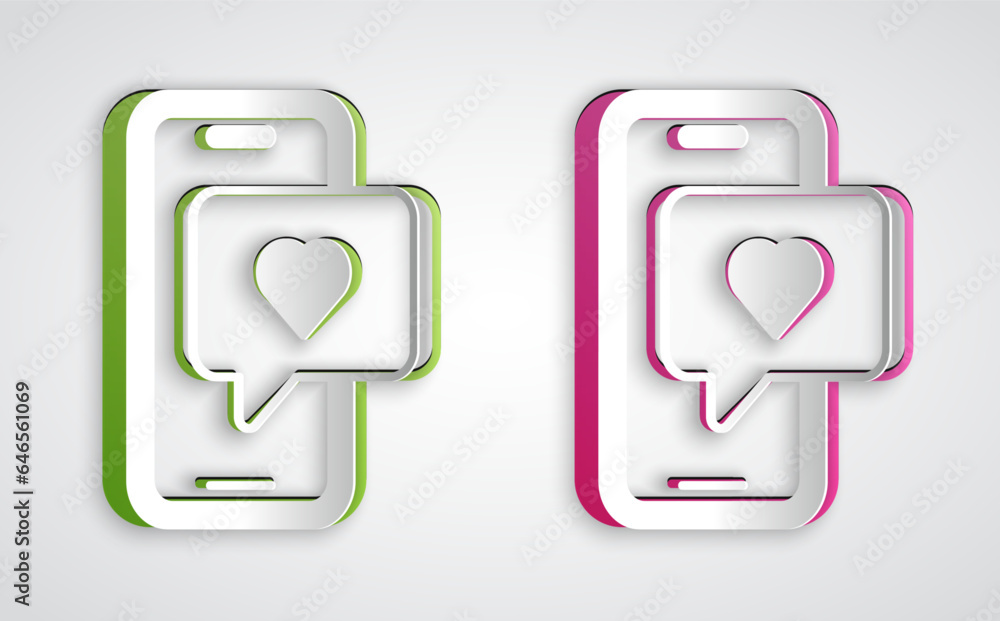 Poster paper cut smartphone with heart emoji speech bubble get message on screen icon isolated on grey back