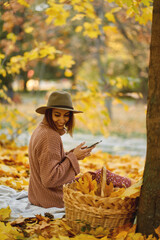 Beauty of autumn in this atmospheric image. Young fashionable woman enjoying picnic amidst the vibrant colors of fall foliage in the park - 646561022