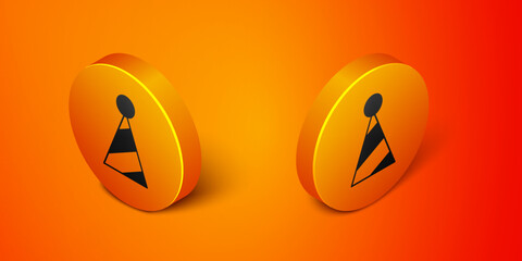 Isometric Party hat icon isolated on orange background. Birthday hat. Orange circle button. Vector