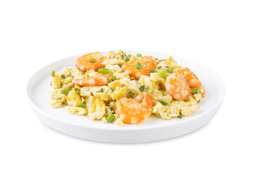 Shrimp  scrambled eggs with scallion in a plate on a white isolated background