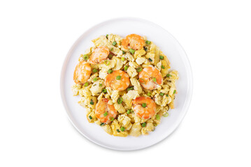 Shrimp  scrambled eggs with scallion in a plate on a white isolated background