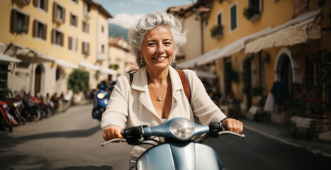 Carefree elderly woman on holiday enjoying riding a scooter through the streets of a small village.