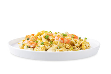 Shrimp  scrambled eggs with scallion in a plate on a white isolated background