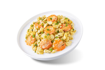 Shrimp  scrambled eggs with scallion in a plate on a white isolated background