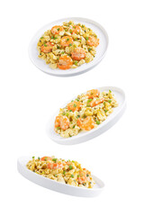 Shrimp  scrambled eggs with scallion in a plate on a white isolated background