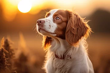 Sierkussen Closeup portrait of a purebred hunting dog breed wearing a brown leather collar outdoors in field in fall season. Banner with haunting springer spaniel dog © ratatosk